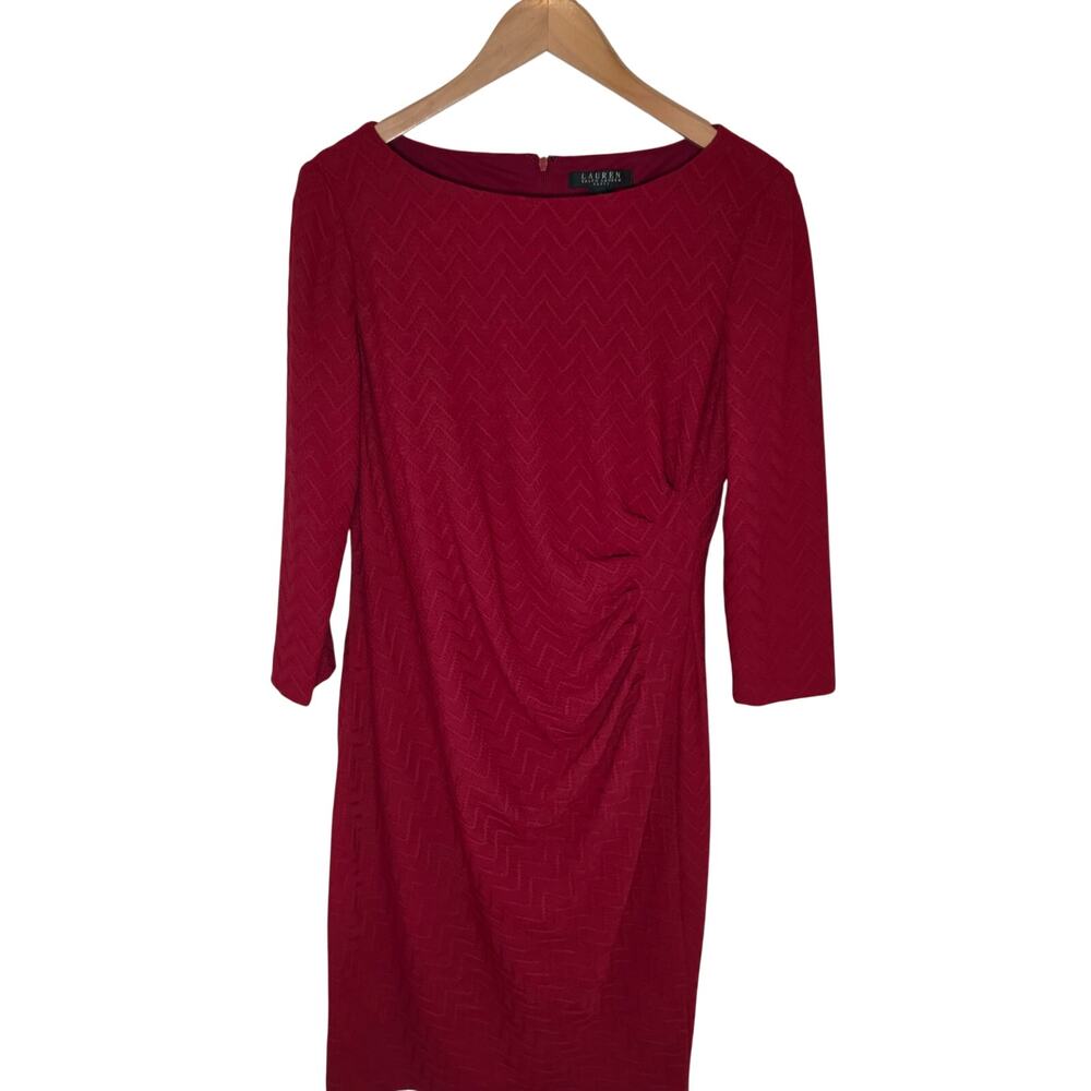 Lauren Raph Lauren Size 12 Red Boat NEck 3/4 Sleeve Ruched Sheath Dress - Picture 2 of 7